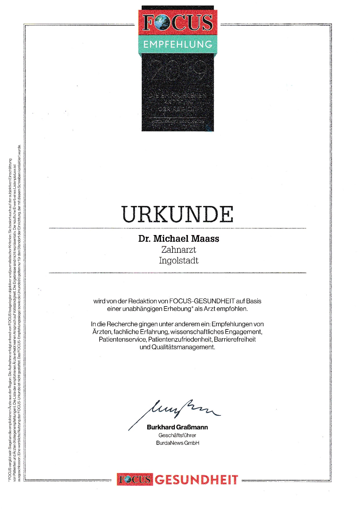 Urkunde FOCUS Arztempfehlung 2019